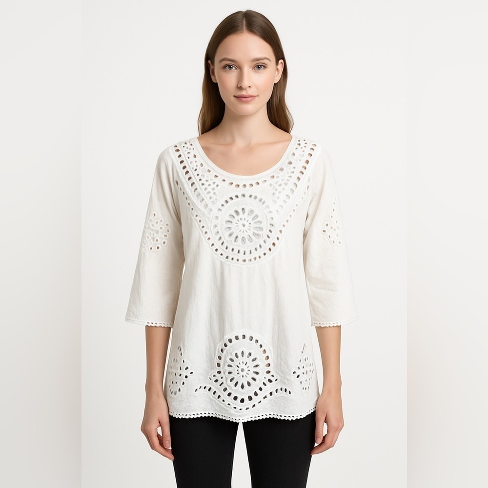 Solitaire Swim Ivory Eyelet Crochet Tunic Top M Sheer Boho Coastal Western